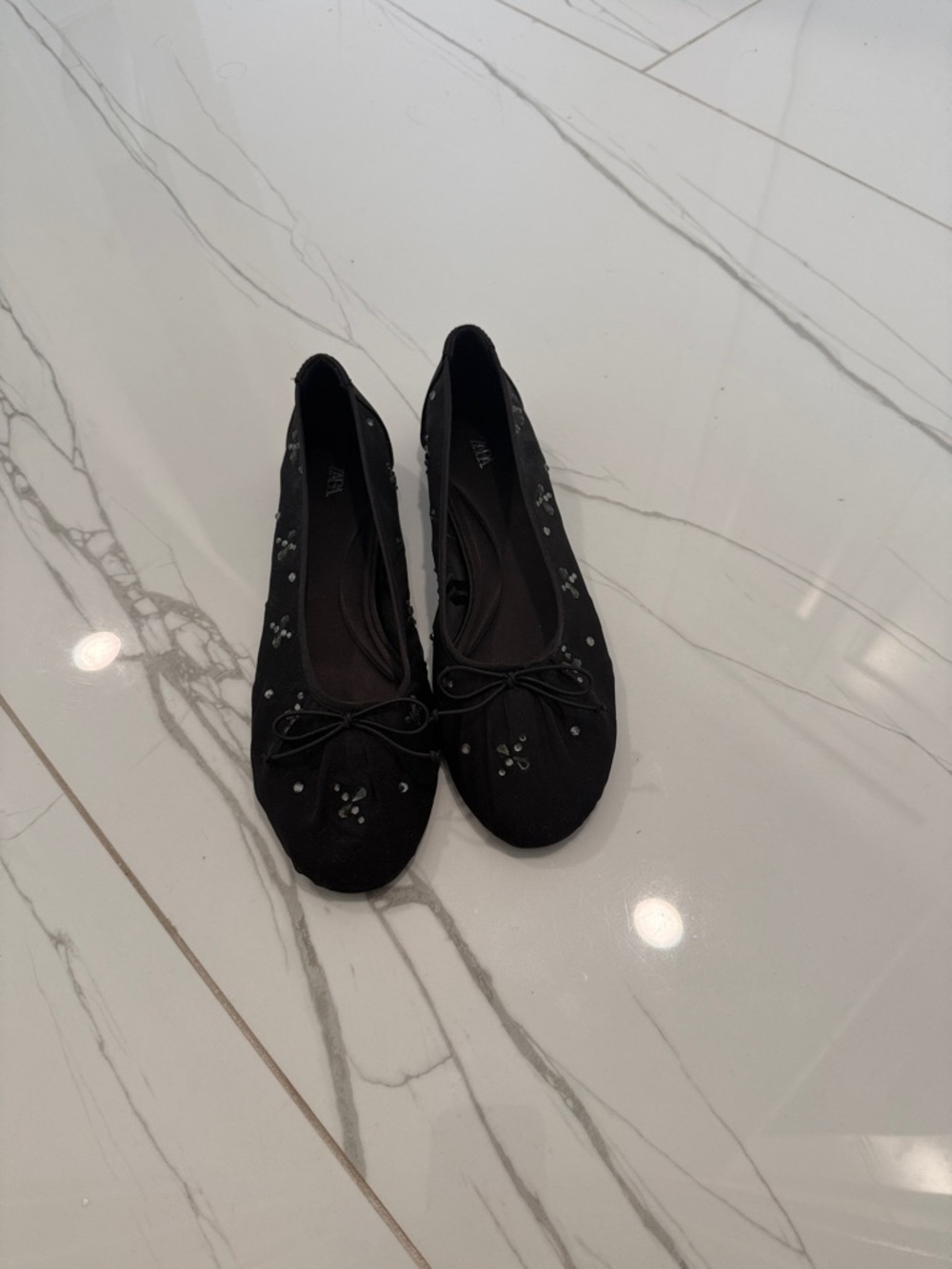 Zara Black Ballet Flats with Crystal Accents